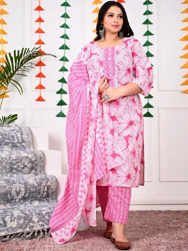 Swasti Plus Size Floral Printed Regular Pure Cotton Kurta with Trousers & Dupatta Trousers stylish modern