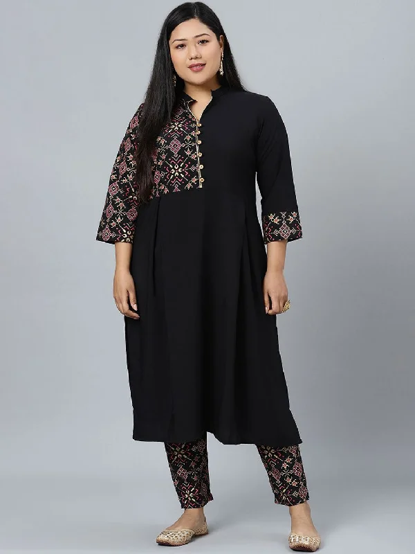 Sztori Plus Size Geometric Printed Mandarin Collar Straight Kurta With Trouser Trousers Fall Fleece