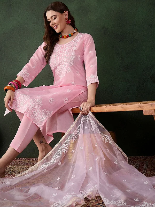 Sangria Pink and White Floral Embroidered Thread Work Cotton Kurta & Trouser With Dupatta Trousers fashionable chic