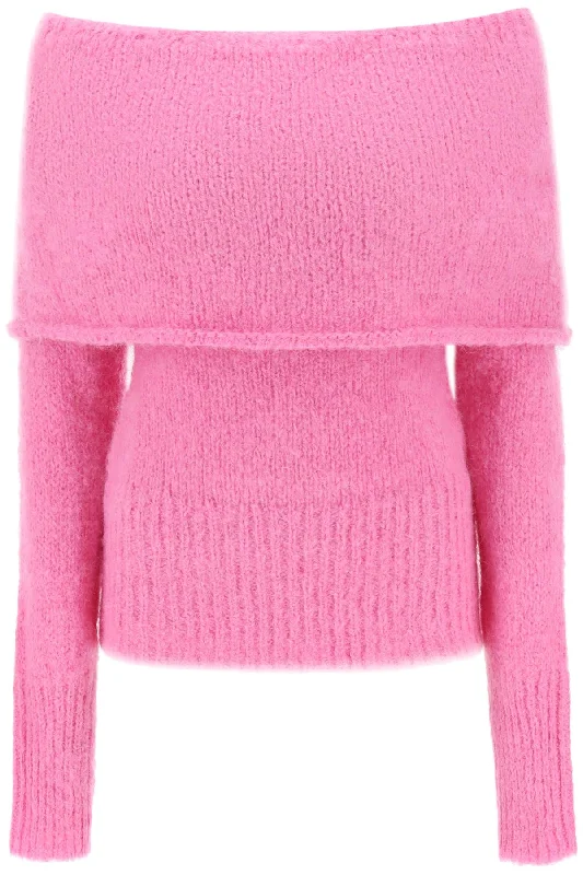 'skylar' Off-shoulder Sweater  - Fuxia Wool Fabric Cashmere Fabric Tweed Fabric