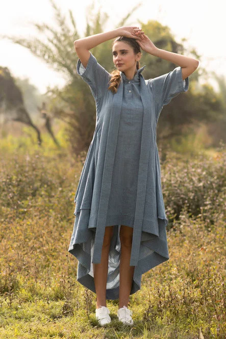Indigo Blue Check Organic Kala Cotton Drape Dress