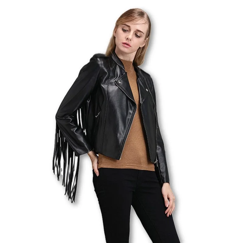 autumn winter fringed faux PU leather tassels sleeve back zippers women Motorcycle Jacket coat black Rayon Jacket Velvet Jacket Corduroy Jacket autumn winter fringed faux PU leather tassels sleeve back zippers women Motorcycle Jacket coat black Rayon Jacket Velvet Jacket Corduroy Jacket