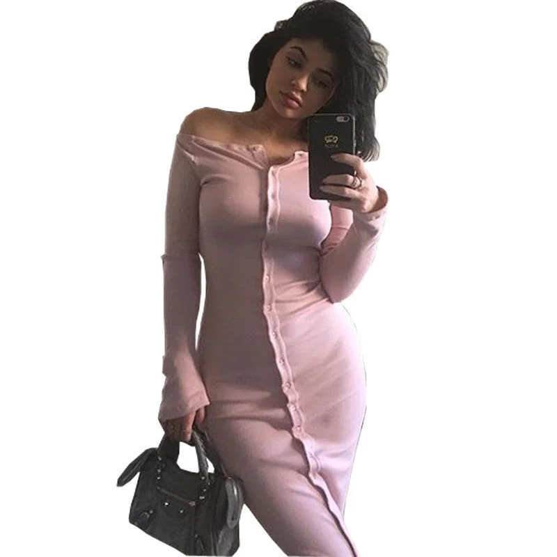 Fashion Long Sleeve Off Shoulder Slash Neck Club Women Dress Slim Bodycon Knitted clothing midi Party Night Dresses