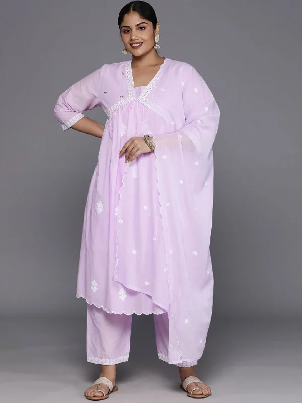 Sztori Plus Size Floral Embroidered Pure Cotton Anarkali Kurta & Trousers With Dupatta Trousers Leisure Comfortable