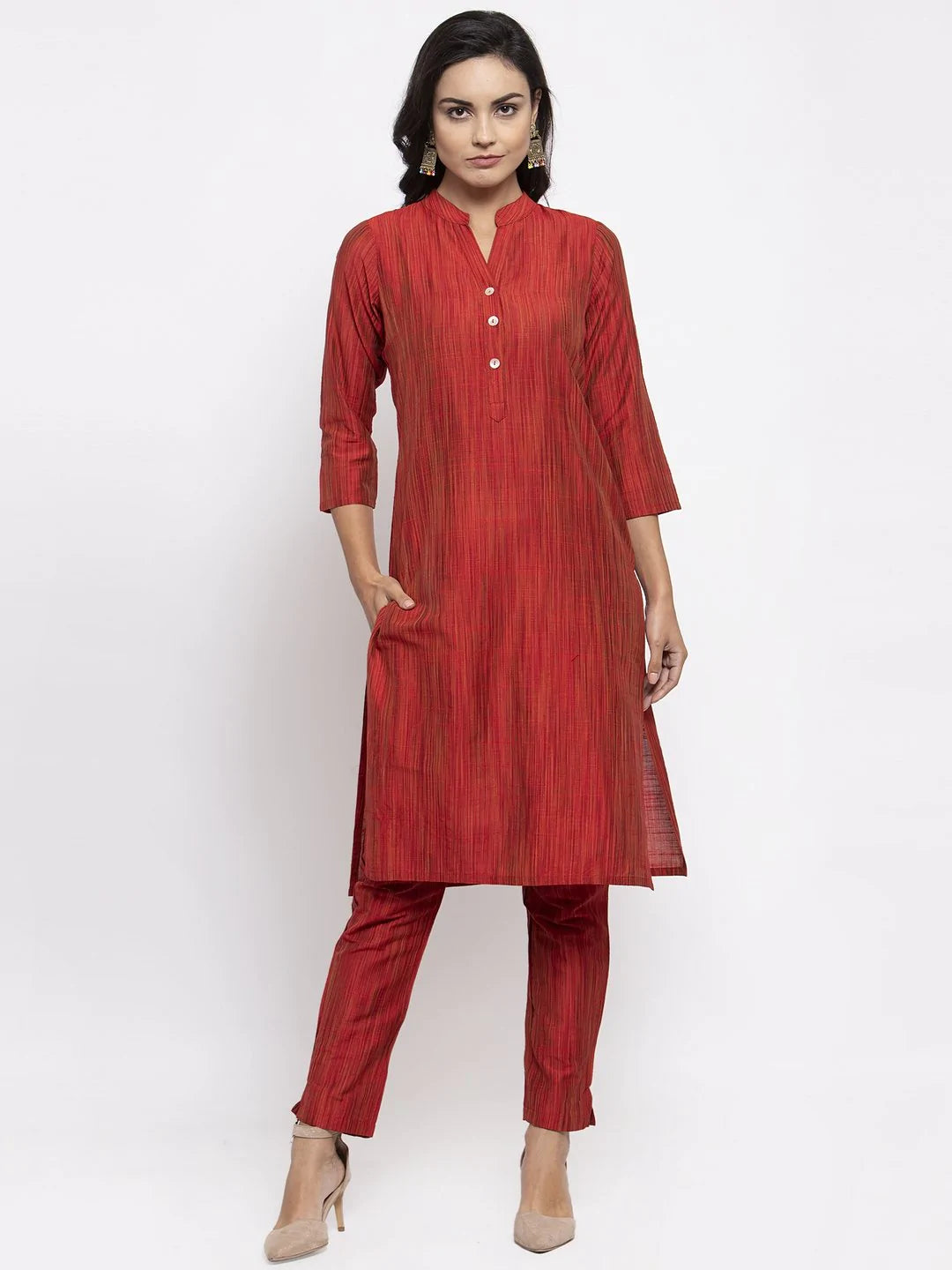 Women Red Self-Striped Kurta With Trousers - Rasiya High Waist Slim Fit Ankle Length Women Red Self-Striped Kurta With Trousers - Rasiya High Waist Slim Fit Ankle Length