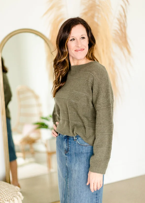 Olive Green Textured Crewneck Sweater - FINAL SALE Spandex Blend Rayon Blend Denim Blend