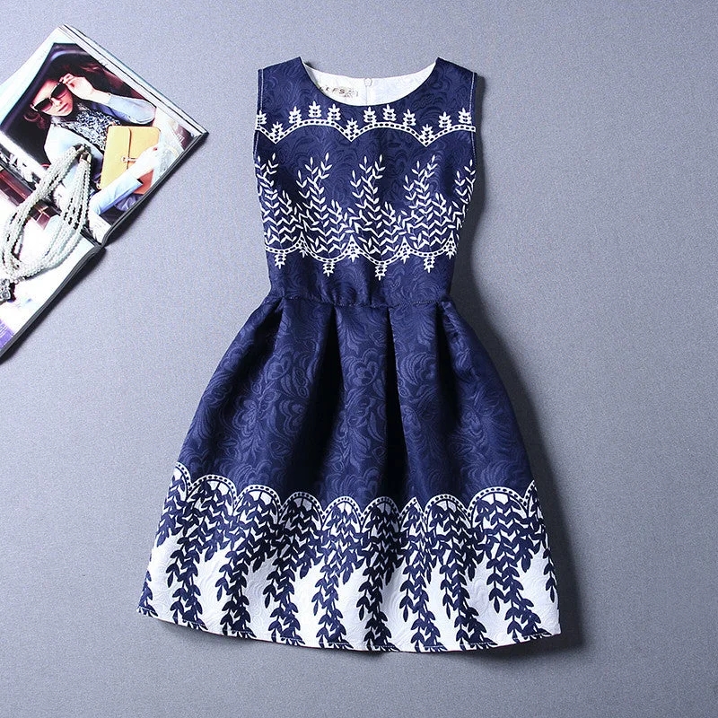 Drop Shiping Summer Dress Women Retro Printed Sleeveless A-line Dress Vintage Fashion Jacquard Dresses Vestidos CRDRS45