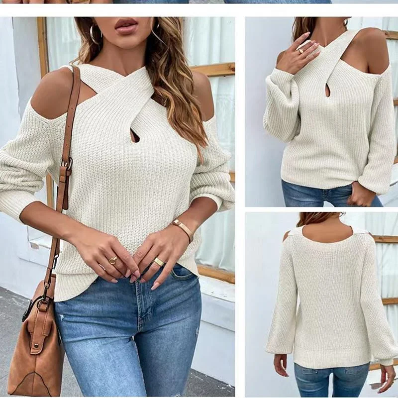 Women Fashion Winter Solid Color Cross Neck Off Shoulder Knitted Sweater Glossy Satin Silk