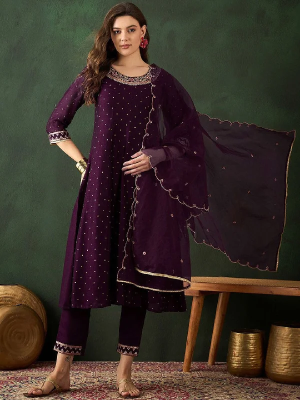 Sangria Floral Embroidered Kurta with Trouser & Dupatta Trousers chic elegant