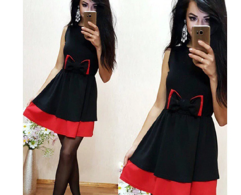 Elegant Black Blue Patchwork Office Dress Women Fashion Casual Sleeveless A-line Tunic Dresses Ladies