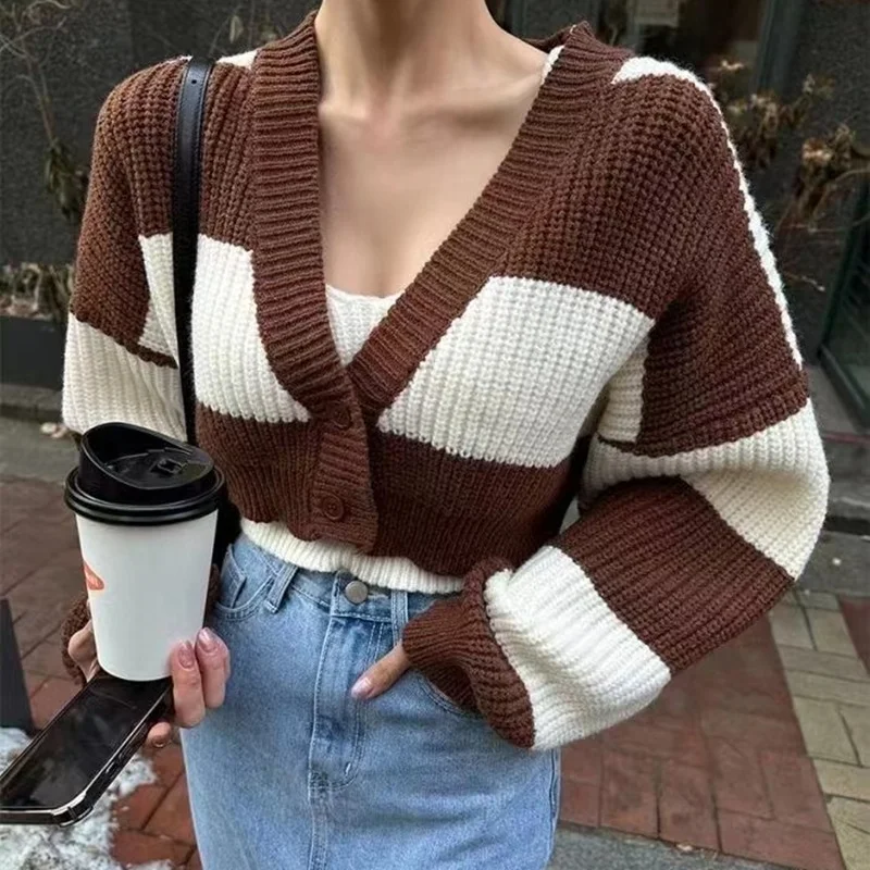 Women Fashion Winter Striped Knitted Sweater Two-Piece Set Ribbed Striped Patterned