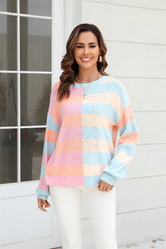 Round Neck Long Sleeve Color Block Dropped Shoulder Pullover Sweater Chenille Brocade Lace Round Neck Long Sleeve Color Block Dropped Shoulder Pullover Sweater Chenille Brocade Lace