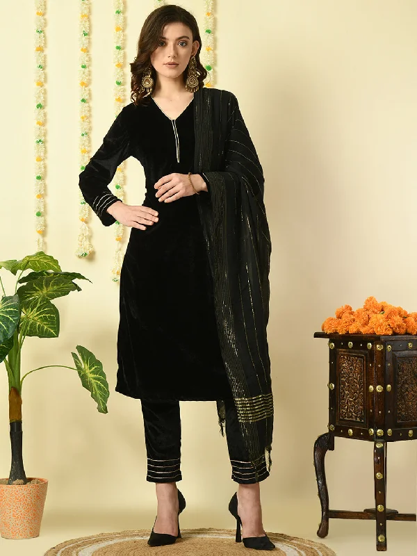 Women's Black Velvet Kurta & Trousers With Dupatta Party Sets - Myshka Trousers Leather Faux Women's Black Velvet Kurta & Trousers With Dupatta Party Sets - Myshka Trousers Leather Faux