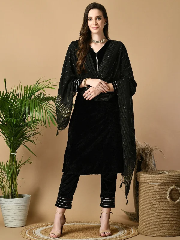 Sangria Black V-Neck Regular Velvet Kurta with Trousers & Dupatta Trousers Trousers Formal