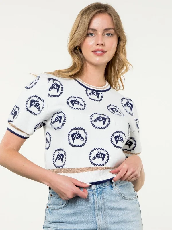 Embroidered Horse Sweater High Neck Crew Neck V-Neck