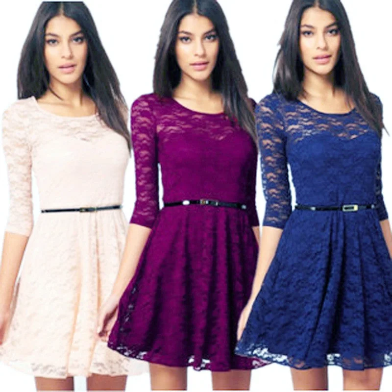 arrive Spoon Neck 3/4 Sleeve Belt Include Lace colorful Sakter Dress, WL2189