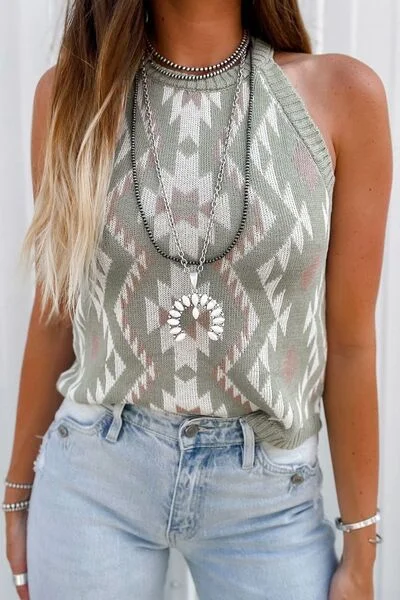 Hazel Blues® | Geometric Round Neck Sweater Vest Welt Pockets Slit Pockets Flap Pockets Hazel Blues® | Geometric Round Neck Sweater Vest Welt Pockets Slit Pockets Flap Pockets
