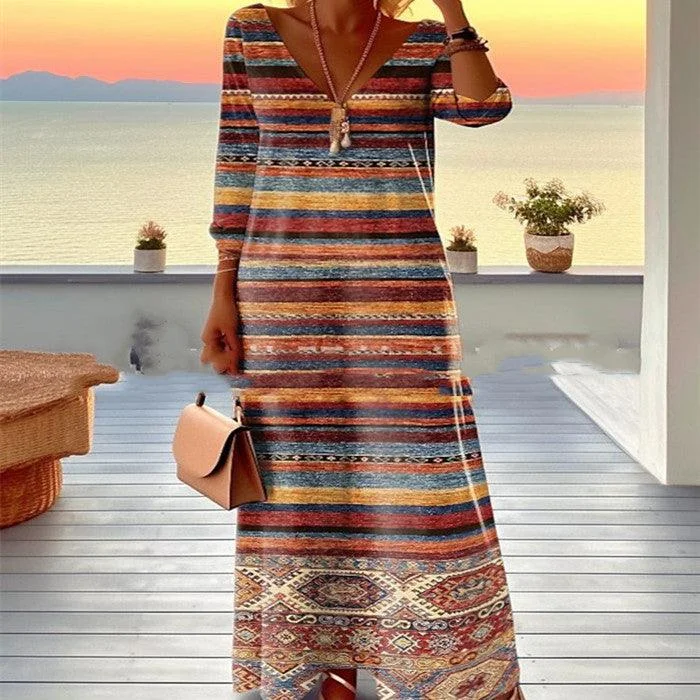 Female Vintage Stripe Printed V-neck Dress