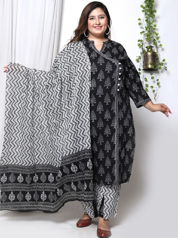 Swasti Plus Size Ethnic Motifs Printed Cotton Angrakha Kurta With Trousers & Dupatta Trousers Timeless Classic