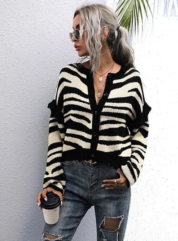 FASHION SHORT CONTRAST STRIPED STITCHING CARDIGAN Open Front Closed Front Wrap Front