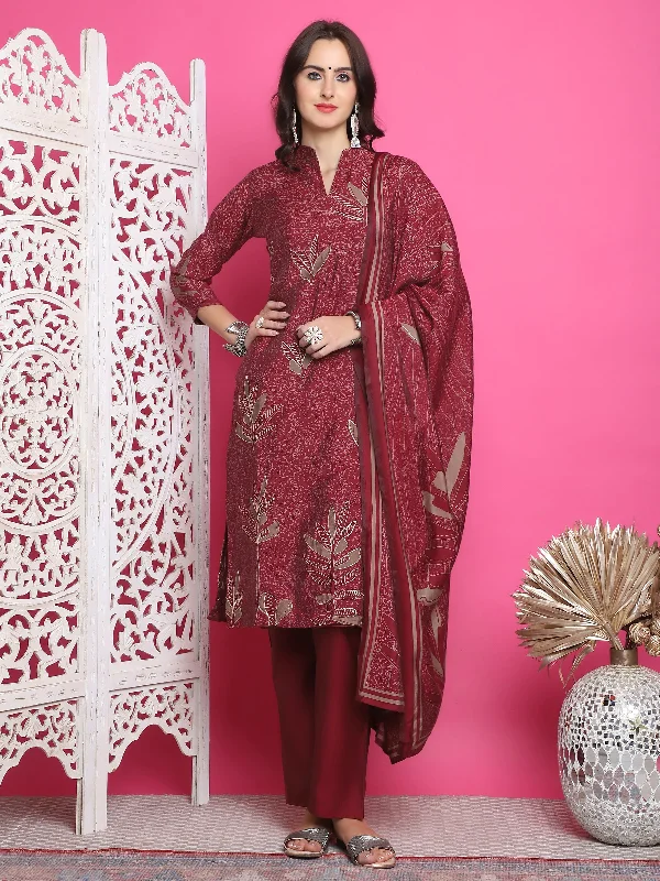 Jyoti Fashion Women's Maroon Muslin Floral Print with Jari & Crystal work Kurta with Trouser & Dupatta Trousers Satin Smooth Jyoti Fashion Women's Maroon Muslin Floral Print with Jari & Crystal work Kurta with Trouser & Dupatta Trousers Satin Smooth