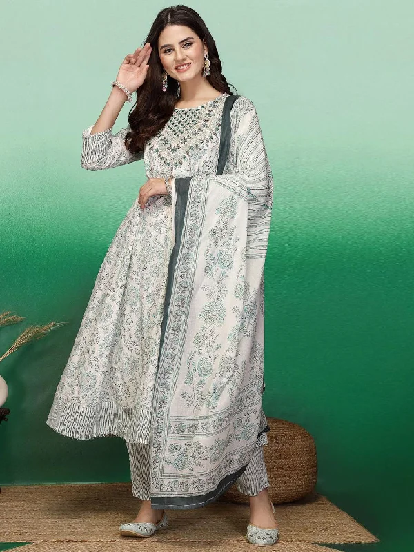 Sangria White & Green Floral Printed A-Line Kurta With Trouser & Dupatta Trousers Canvas Durable