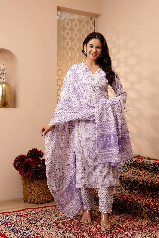 Women Lavender Floral Printed Straight Kurta And Trouser With Dupatta - Rasiya Trousers Satin Smooth Women Lavender Floral Printed Straight Kurta And Trouser With Dupatta - Rasiya Trousers Satin Smooth