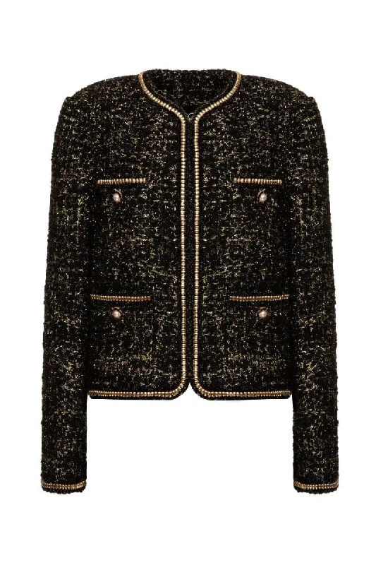 TWEED BLACK WOOL-BLEND CROPPED JACKET Print Jacket Jacquard Jacket Patchwork Jacket