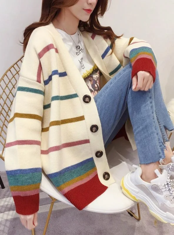 Women Loose Sweater Long Stripe Knit Cardigan Notch Collar Peter Pan Collar Cowl Neck