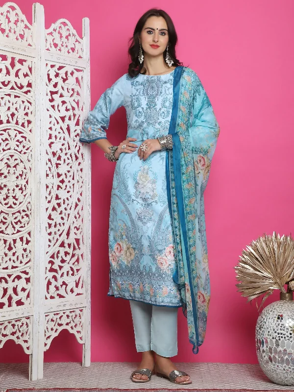 Jyoti Fashion Women's Turquoise Satin Traditional Digital Print with Crystal work Kurta with Trouser & Dupatta Trousers Ceremony Elegant Jyoti Fashion Women's Turquoise Satin Traditional Digital Print with Crystal work Kurta with Trouser & Dupatta Trousers Ceremony Elegant