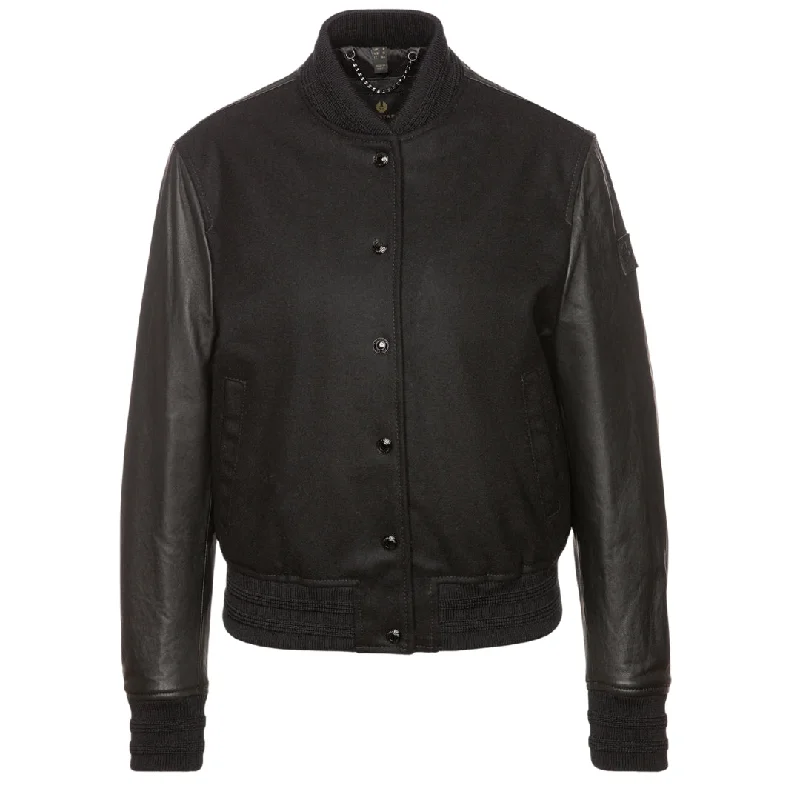 Belstaff Willow Black Leather Bomber Jacket Zippered Jacket Buttoned Jacket Snapped Jacket