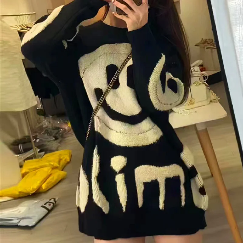 Women Fashion Winter Loose Plush Smiley Knitted Sweater Solid Print Embellished