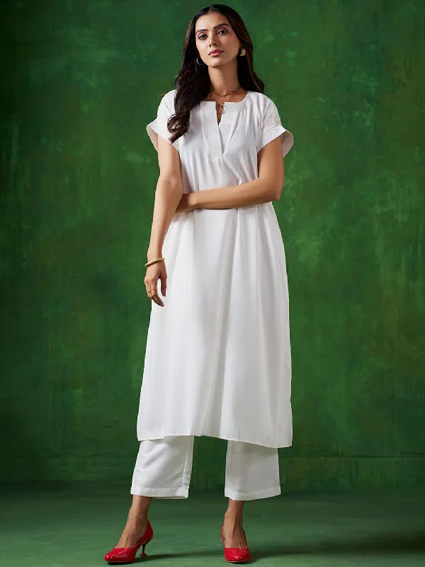 Sangria White Extended Sleeves A-Line Kurta With Trouser Trousers Pleated Formal