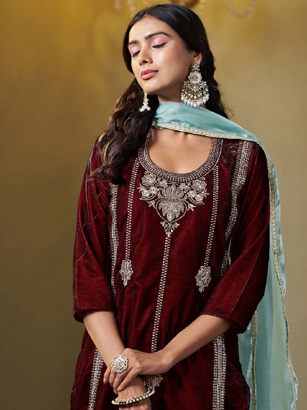 Sangria Embroidered Kurta & Trouser With Dupatta Chinos Cotton Straight Leg