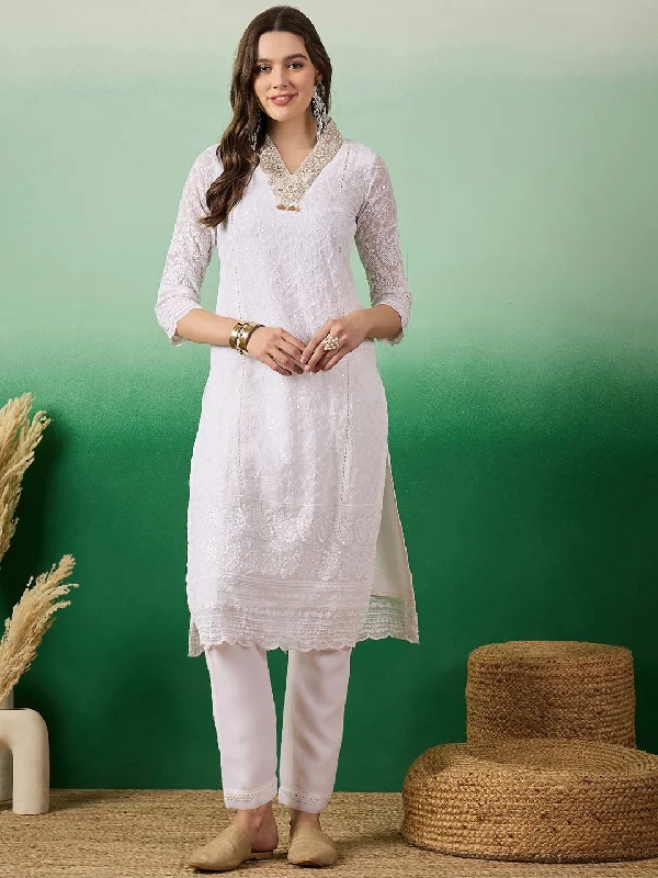 Sangria Women Embroidered Straight Kurta With Trouser Set Cropped Trousers Casual Linen