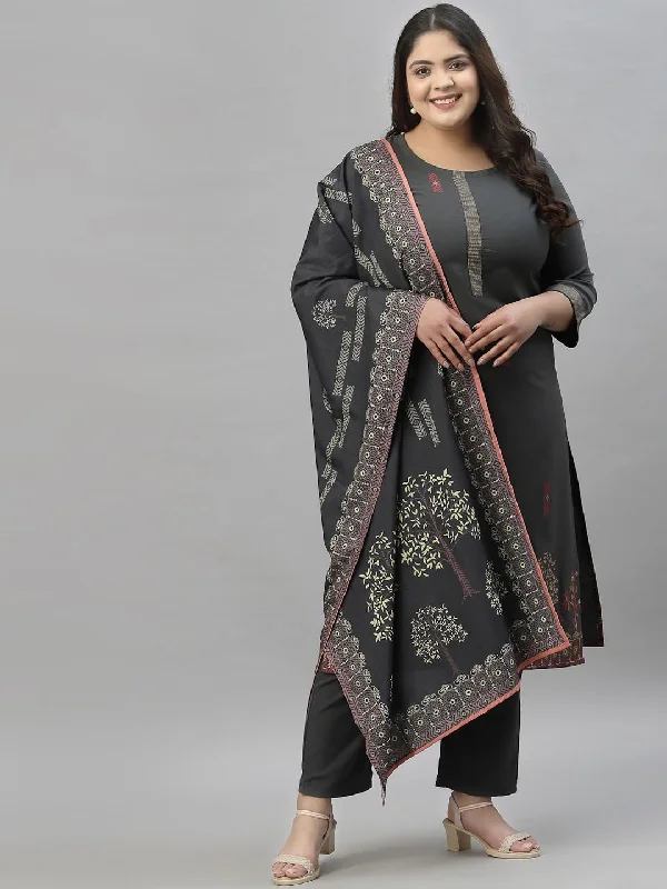 Sztori Plus Size Ethnic Motifs Printed Kurta With Trousers & Dupatta Trousers Low Rise Relaxed