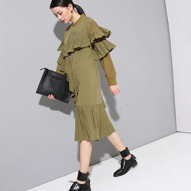 Women's European style stereo pleated chiffon sleeve long-sleeved dress stitching