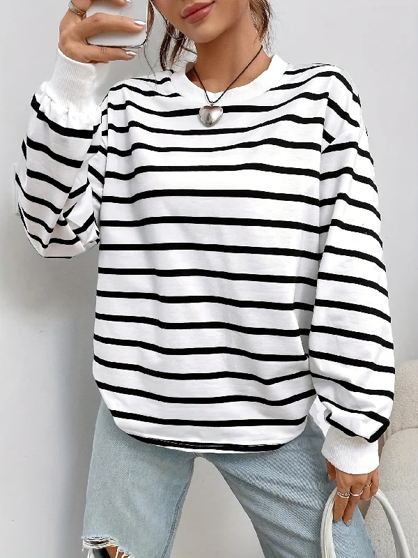 Chic Striped Pullover Sweater - Soft Crew Neck, Fashion Print, Warm Knit - Perfect for Womens Autumn & Winter Style Neon Metallic Matte