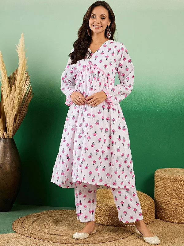 Sangria Floral Printed Pure Cotton Anarkali Kurta With Trouser Trousers Tapered Slim Fit