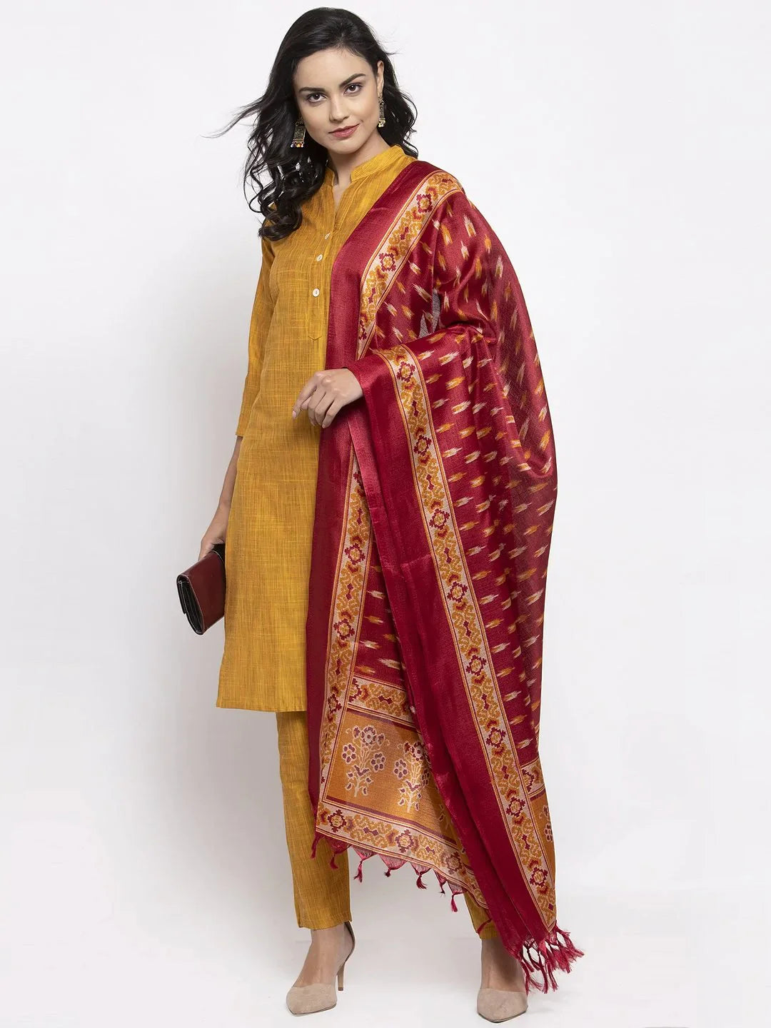 Women Yellow Self-Striped Kurta With Trousers & Art Silk Printed Dupatta - Rasiya Trousers luxurious premium Women Yellow Self-Striped Kurta With Trousers & Art Silk Printed Dupatta - Rasiya Trousers luxurious premium