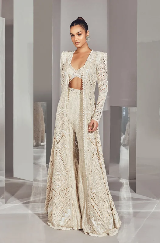 Alla Ivory Sharara Set With Jacket Lace Jacket Ribbed Jacket Sequined Jacket