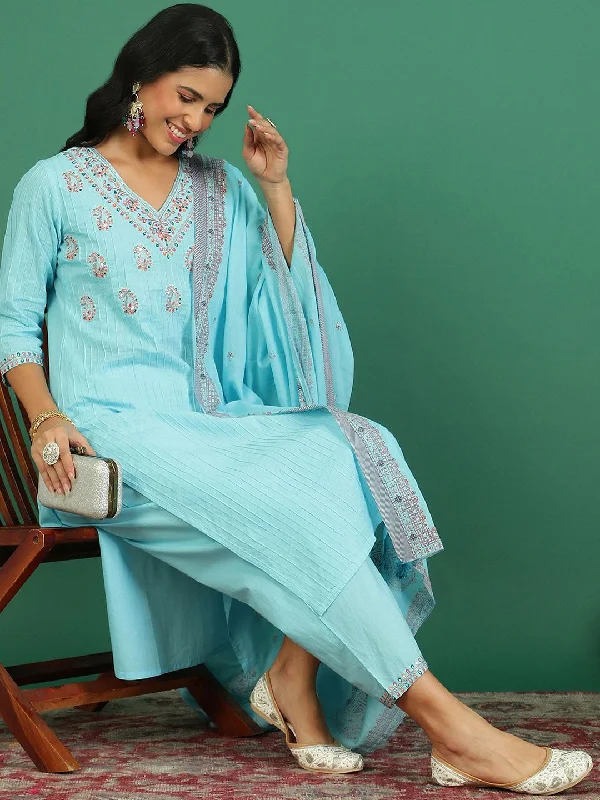 Sangria Embroidered Cotton Kurta With Trousers & Dupatta Trousers Party Sparkling