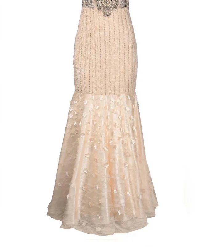 Bejeweled Floral Mermaid Dress In Blush