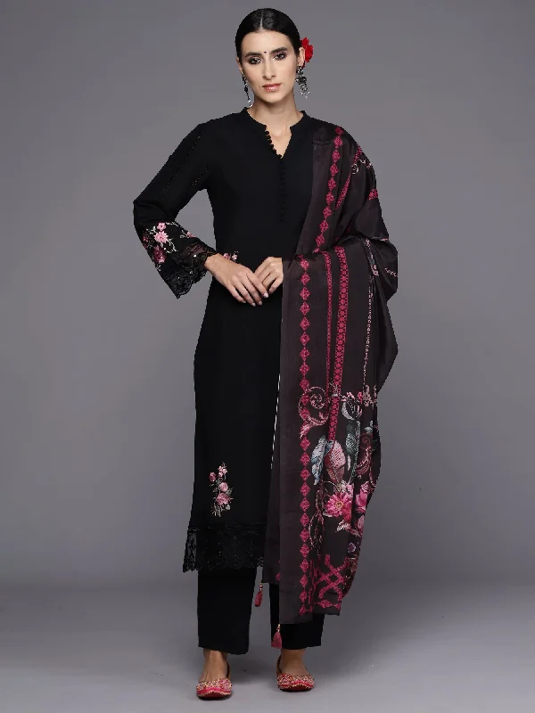 Women's Black Embroidered Straight Kurta Trousers With Dupatta Set - Indo Era Trousers Business Professional Women's Black Embroidered Straight Kurta Trousers With Dupatta Set - Indo Era Trousers Business Professional