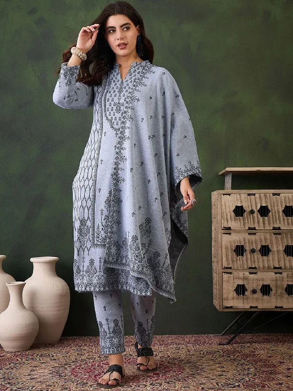 Sangria Winter Woolen Ethnic Motifs Woven Design Kurta With Trousers & Dupatta Trousers Fall Fleece