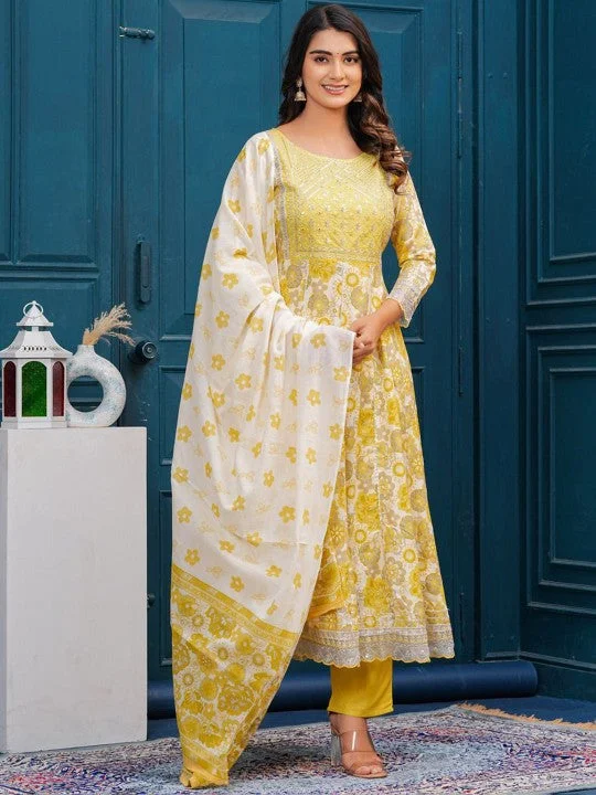 Floral Embroidered Regular Pure Cotton Kurta with Trousers & With Dupatta (Mustard) - Rasiya Trousers Designer Luxury Floral Embroidered Regular Pure Cotton Kurta with Trousers & With Dupatta (Mustard) - Rasiya Trousers Designer Luxury