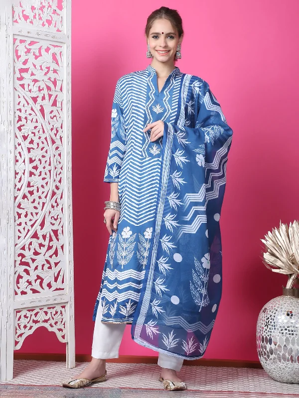 Jyoti Fashion Women's Indigo Blue Cotton Geometric Digital Print with Jari & Crystal Kurta with Trouser & Dupatta Trousers Fleece Cozy Jyoti Fashion Women's Indigo Blue Cotton Geometric Digital Print with Jari & Crystal Kurta with Trouser & Dupatta Trousers Fleece Cozy