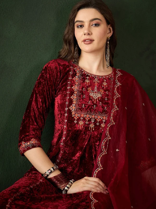 Sangria Embroidered A-Line Kurta & Trousers With Dupatta Trousers Versatile Stylish