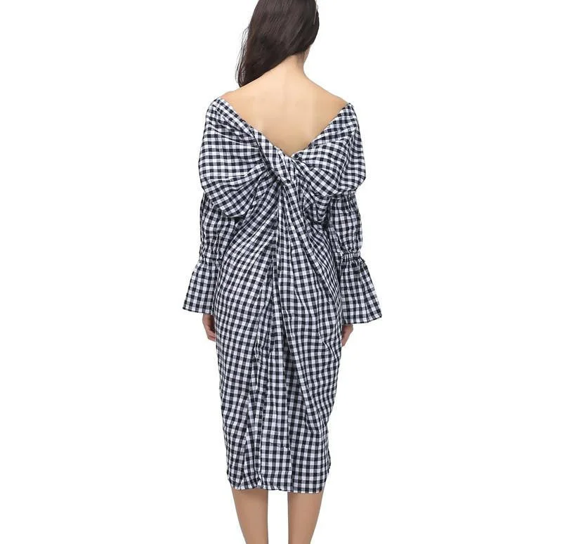 Summer V Neck Back Knot Long Sex Dress Women Plaid Clothing Fashion