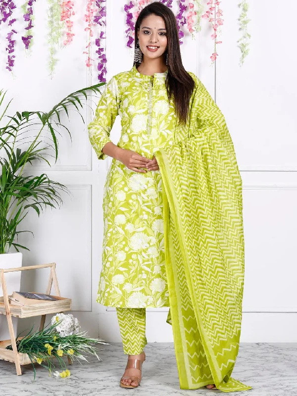 Swasti Floral Printed Sequinned Pure Cotton Straight Kurta With Trousers & Dupatta Chinos Cotton Straight Leg